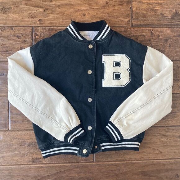 ZARA Varsity Bomer Letterman Jacket Limited Girls Large 13-14 Black DENIM Crop - Picture 1 of 10